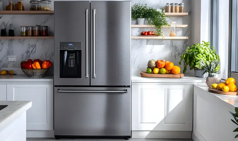 Geladeira com freezer embaixo em uma cozinha moderna.