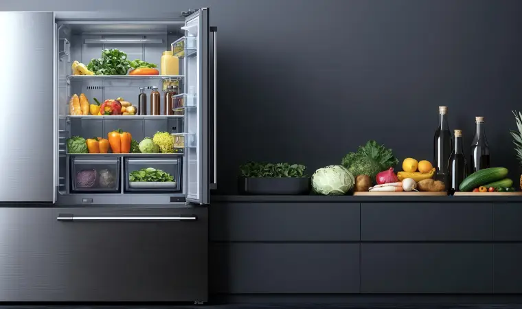 Geladeira com o freezer embaixo em uma cozinha moderna.