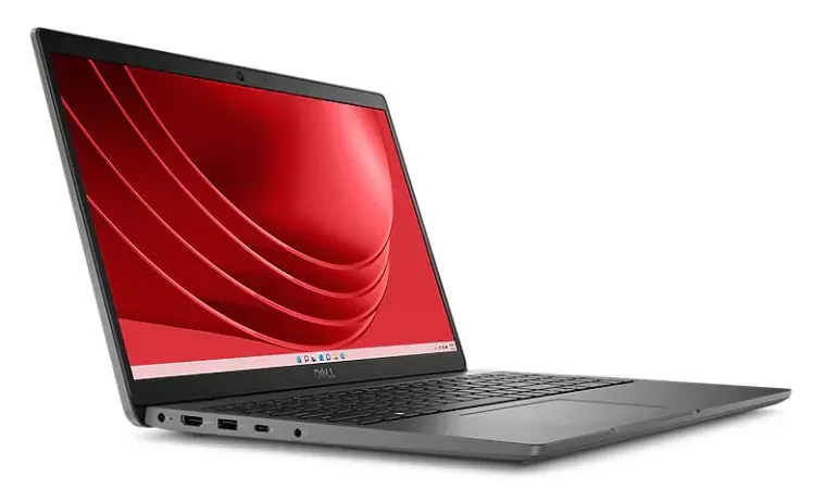 Detalhes do design de um notebook Dell Latitude 3540 com a tela Full HD ligada