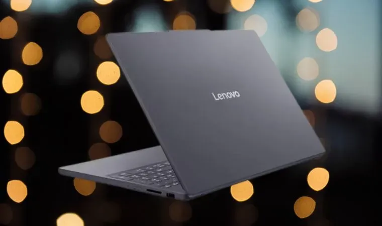 Montagem com visão traseira do notebook Lenovo Ideapad 3i Slim e luzes ao fundo