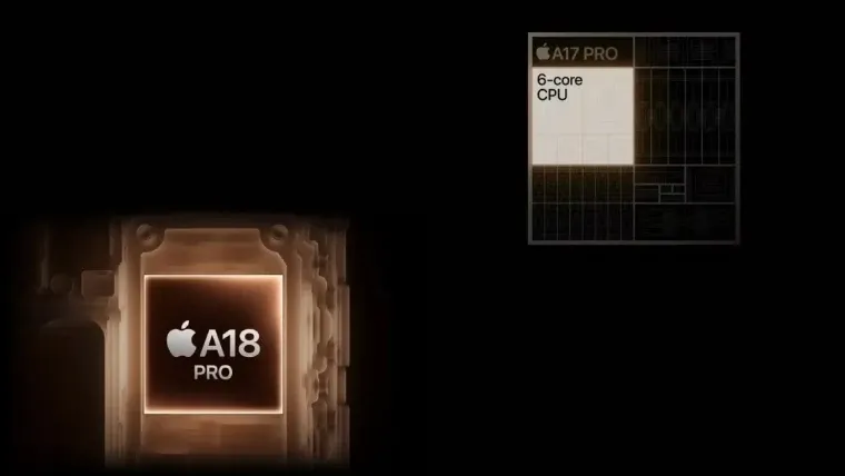 Chip A18 Pro do iPhone 16 Pro ao lado do chip A17 Pro do iPhone 15 Pro