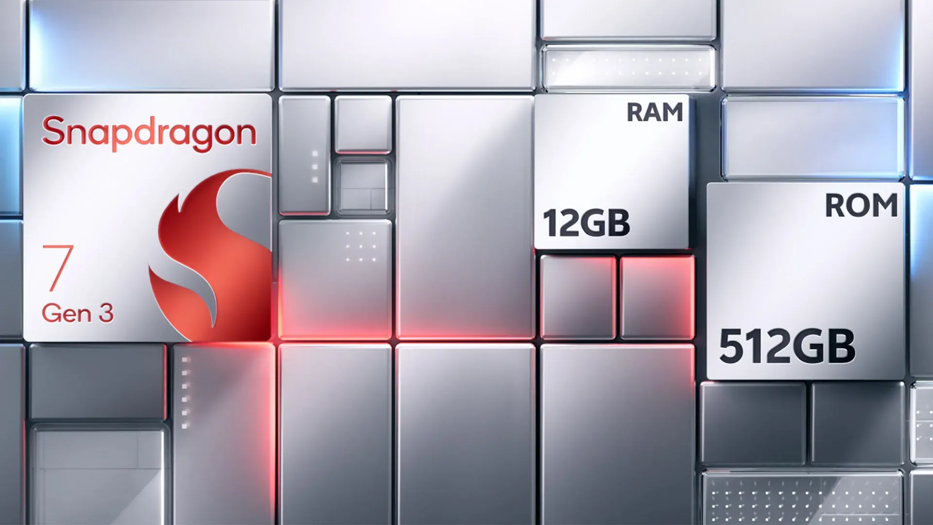 Imagem ilustrativa do processador Snapdragon 7 Gen 3 com destaque para 12 GB de RAM e 512 GB de armazenamento.