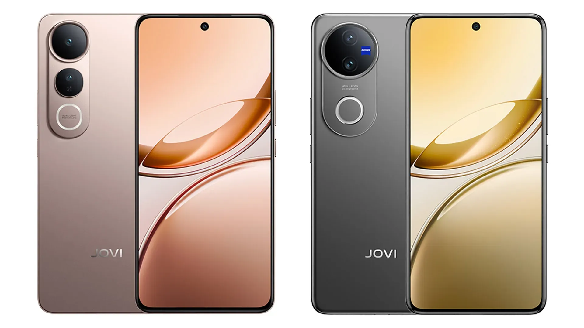 Imagem dos celulares JOVI V50 Lite 5G e JOVI V50 vistos de frente, lado a lado.
