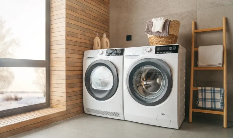 Duas máquinas lava e seca brancas em uma lavanderia.