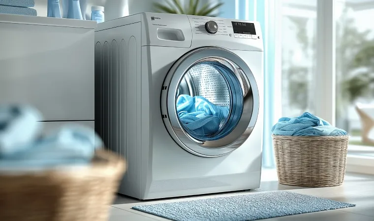 Lavadora Samsung branca em uma lavanderia clara com cesto de roupa ao lado.