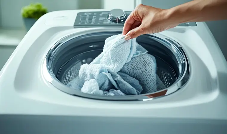 Mão feminina tirando toalha de uma máquina de lavar.