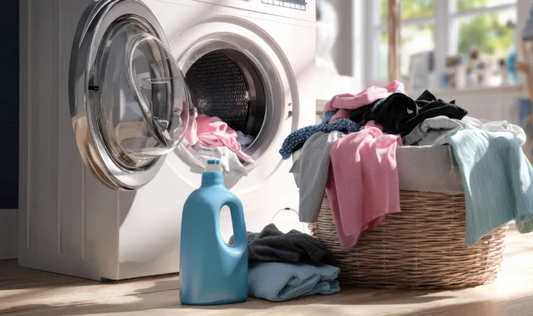 Máquina de lavar 13kg branca aberta com um cesto de roupas na frente.