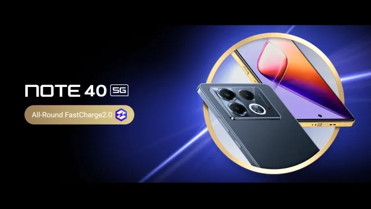 Divulgação do celular Infinix Note 40 com seu nome na esquerda e imagens de tela e traseira ao lado