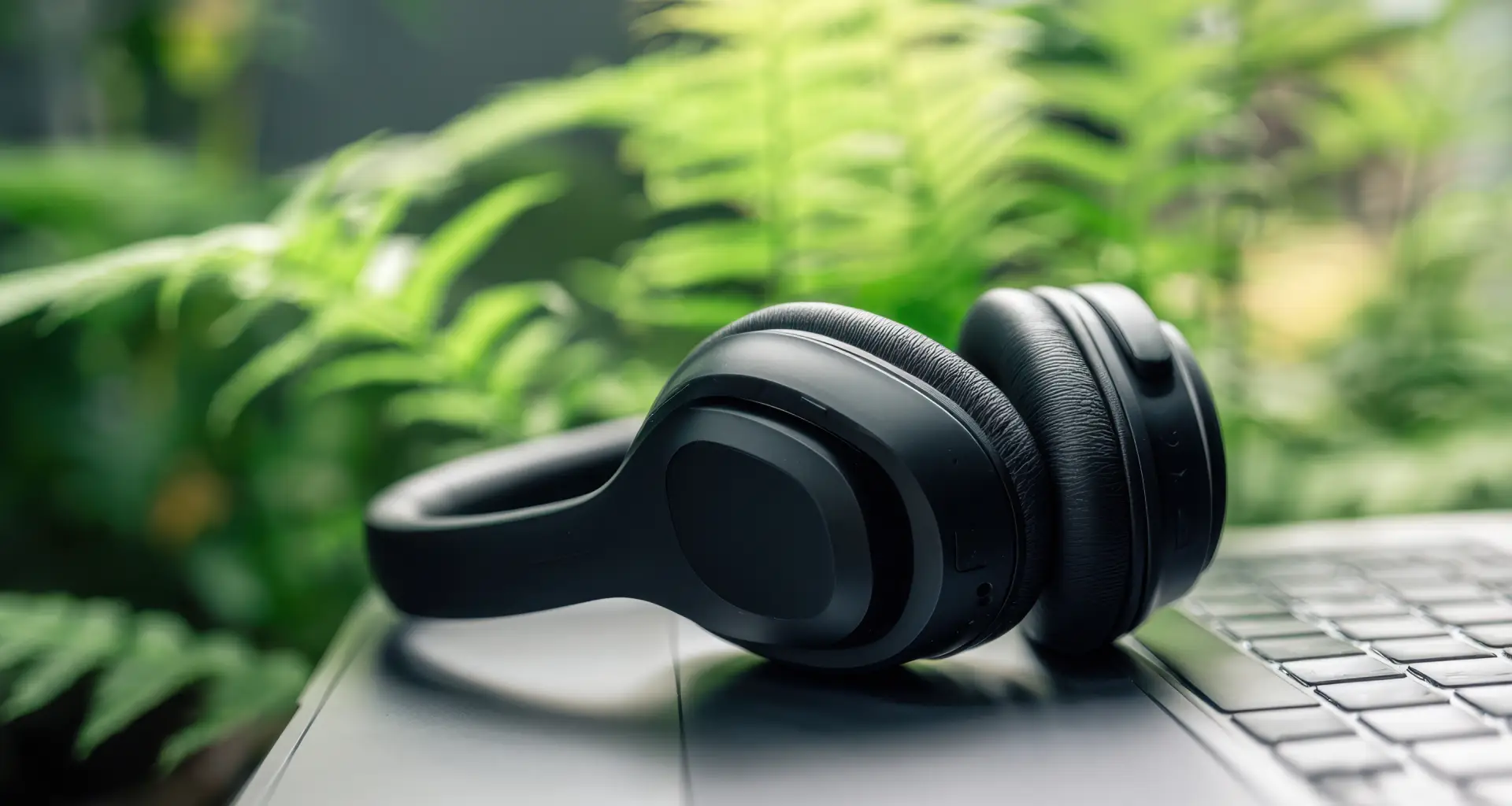 Imagem de um fone de ouvido em cima de um teclado de notebook  