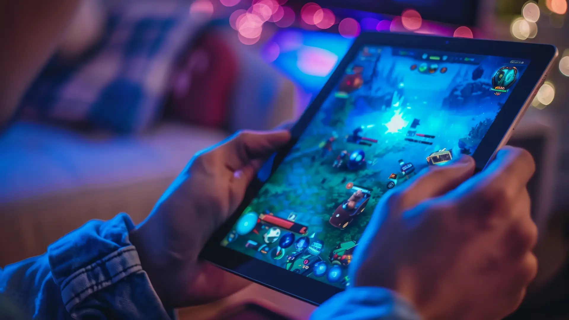 Uma pessoa está segurando um tablet com as duas mãos enquanto joga um jogo