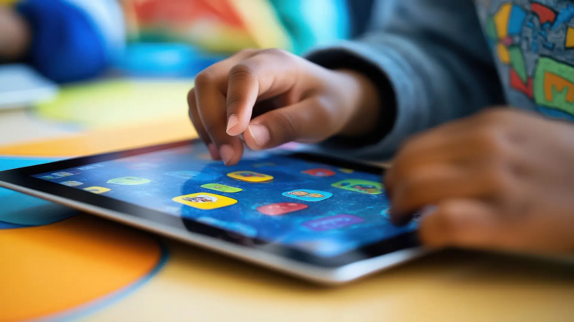 Duas mãos tocam a tela de um tablet, que está ligado e com um jogo na tela 