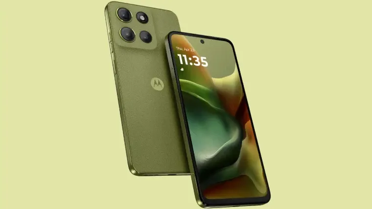 Traseira e tela de um Motorola barato verde lado a lado em fundo amarelo 