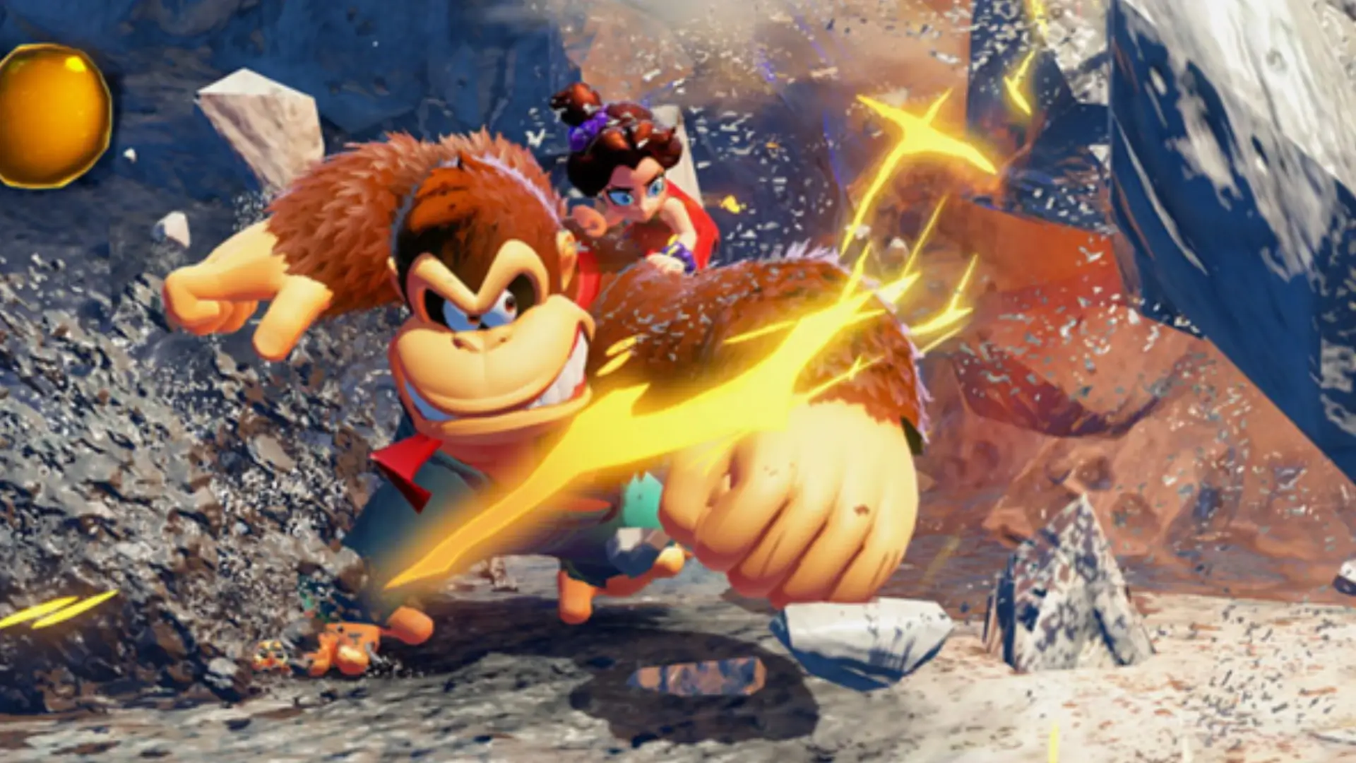 Imagem do jogo Donkey Kong Bananza mostrando o macaco Donkey Kong destruindo o cenário com um soco com sua aliada Pauline montada em suas costas