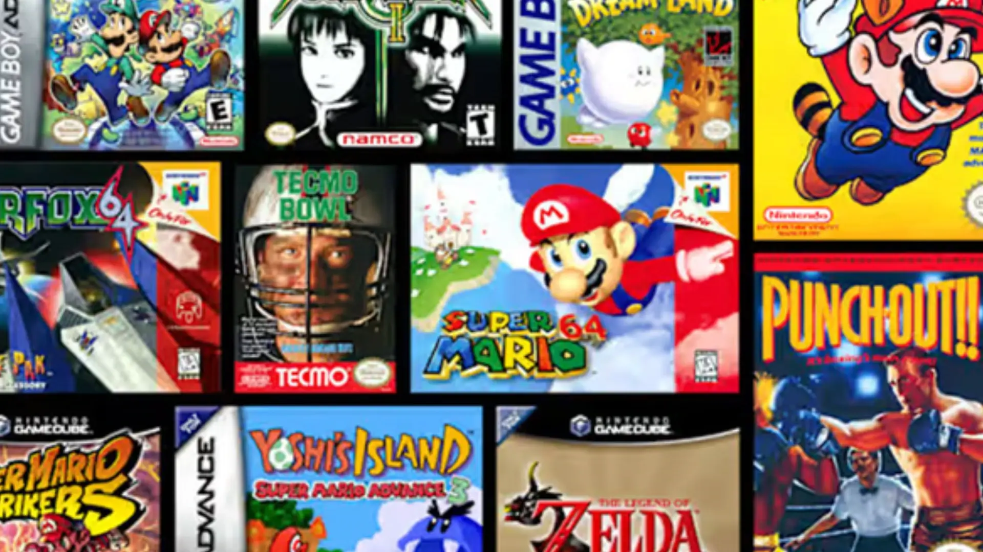 Imagem do catálogo de jogos clássicos do Nintendo Switch Online com títulos como Super Mario 64, Super Mario Bros. 3, Star Fox 64, Soul Calibur 2 e mais