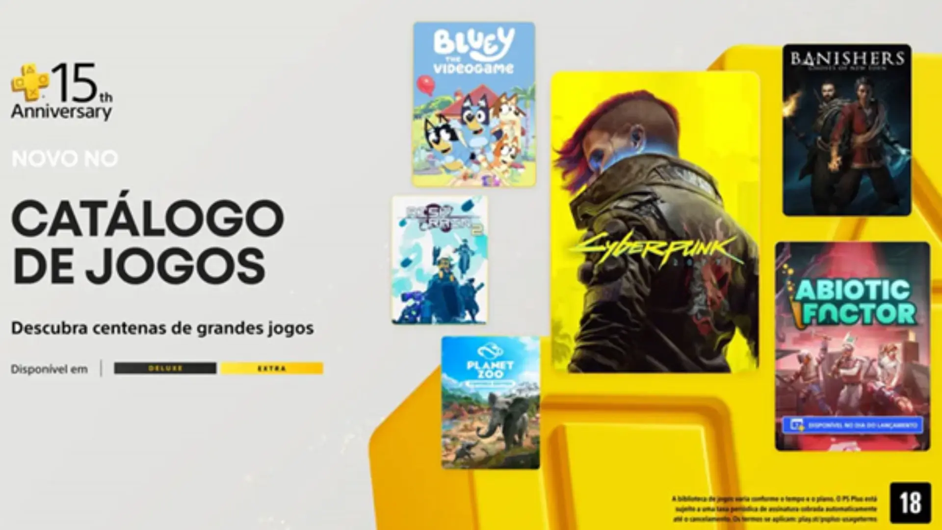 Imagem do catálogo da PS Plus Extra de 15 anos com jogos como Cyberpunk 2077, Risk of Rain 2, Banishers: Ghosts of New Eden e mais