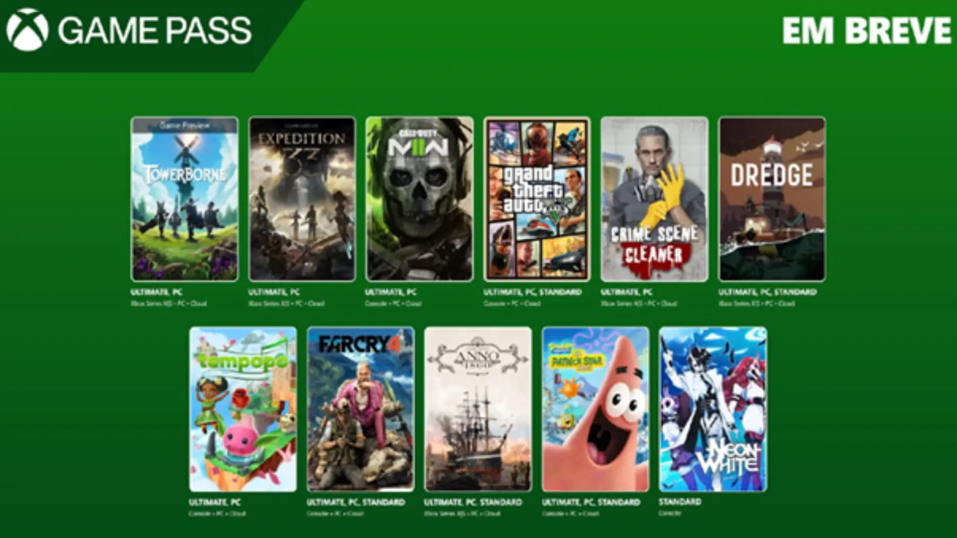 Foto da seleção de jogos do Xbox Game Pass em agosto de 2025 com imagens de jogos como Clair Obscur: Expedition e mais