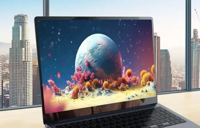 Notebook Samsung Galaxy Book4 Ultra sobre uma mesa com uma imagem colorida na tela