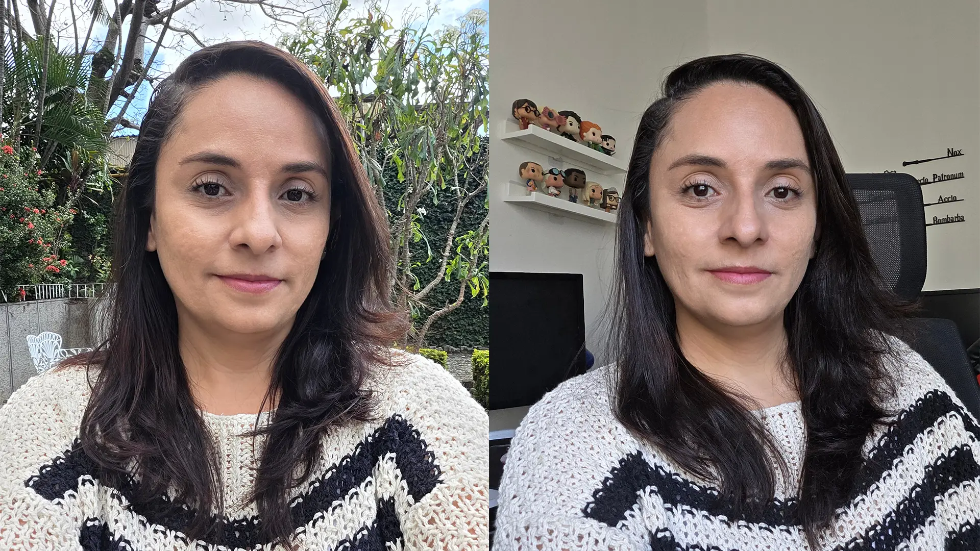 Duas fotos selfie feitas com o Galaxy Fold7 postas lado a lado exibindo mulher branca de cabelos escuros 