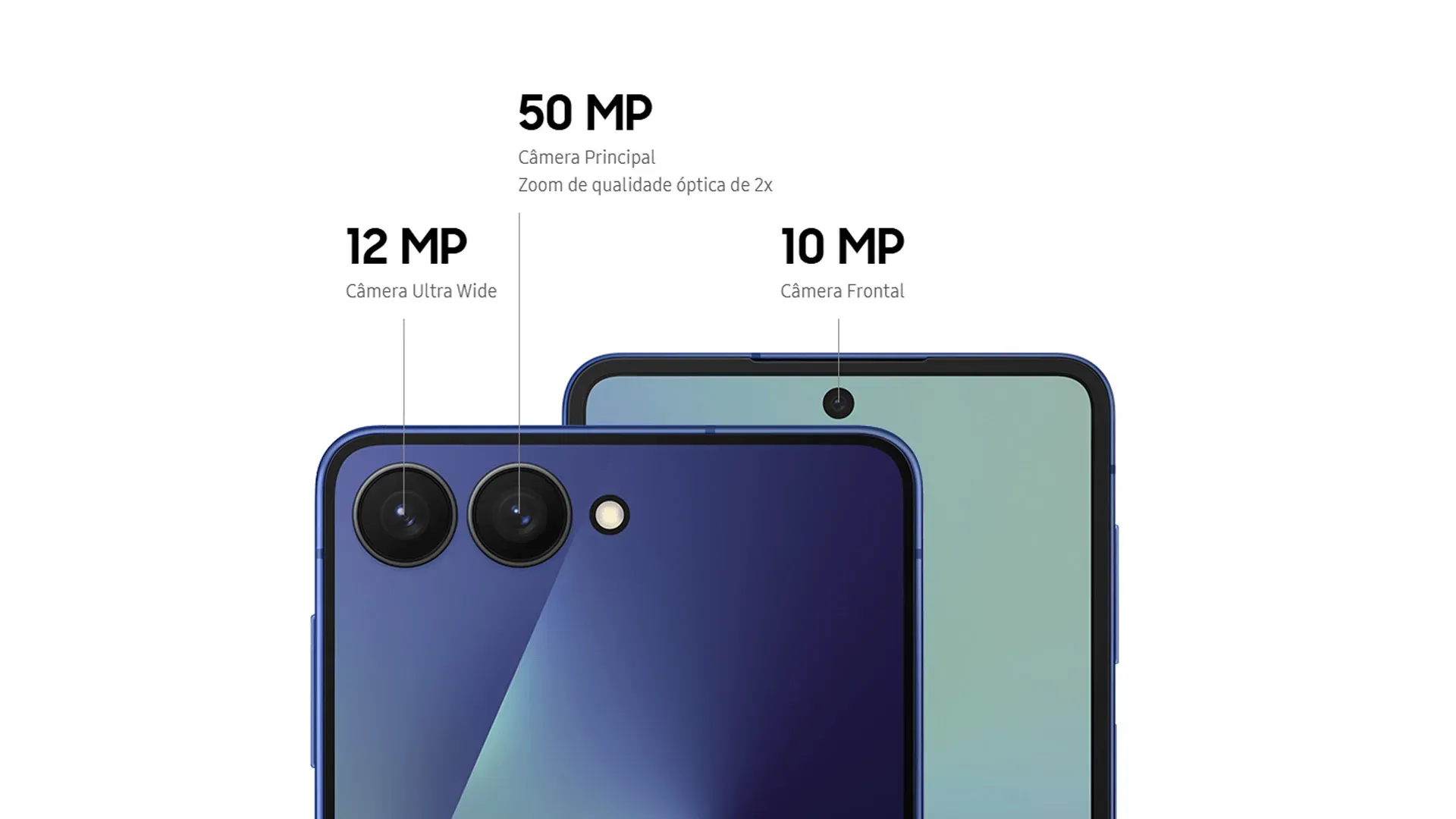 Imagem close das câmeras traseiras do Galaxy Z Flip7 com dados de megapixels.