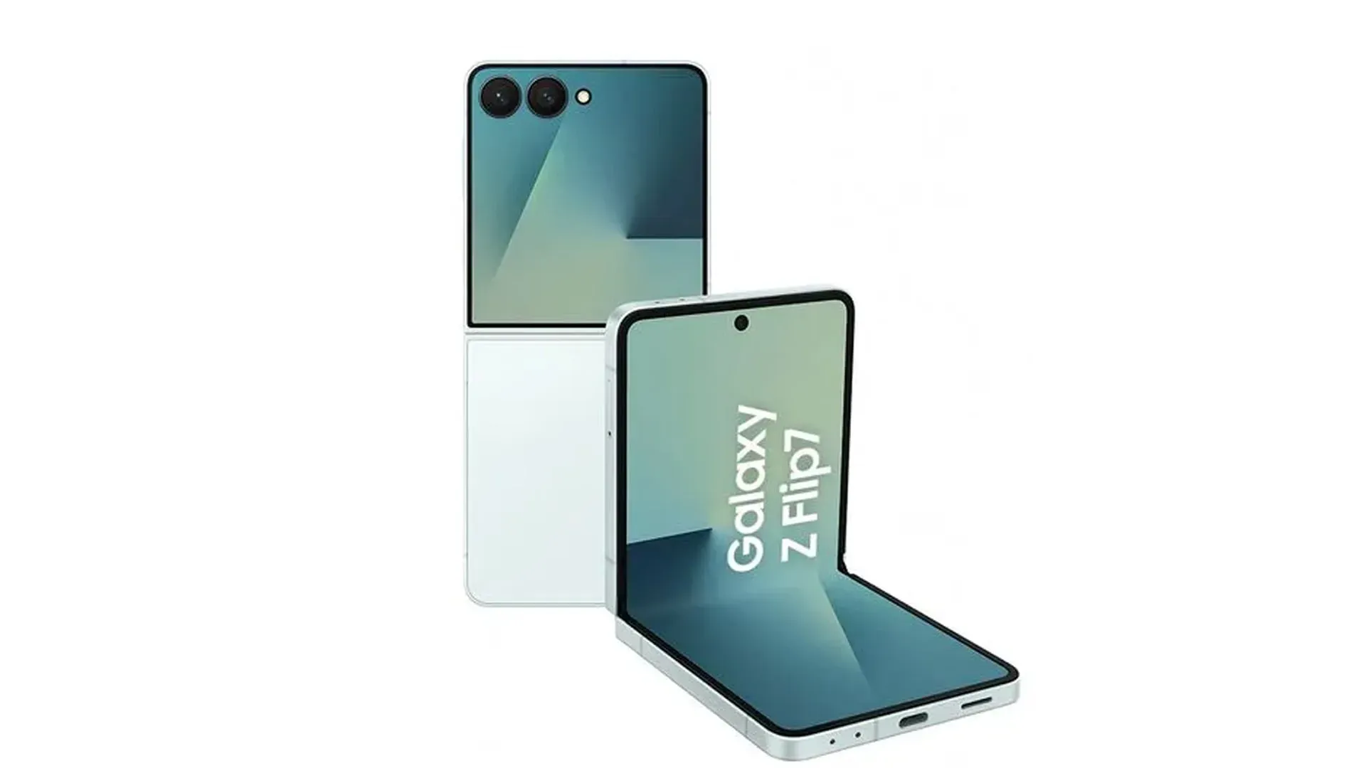 Imagem do Galaxy Z Flip7 aberto, revelando a tela interna e câmeras traseiras.
