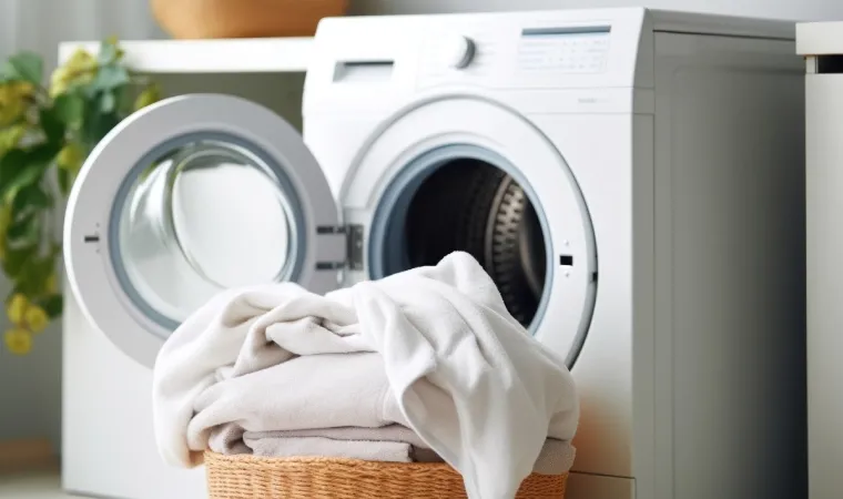 Secadora de roupas branca aberta com cesto de roupas na frente. 