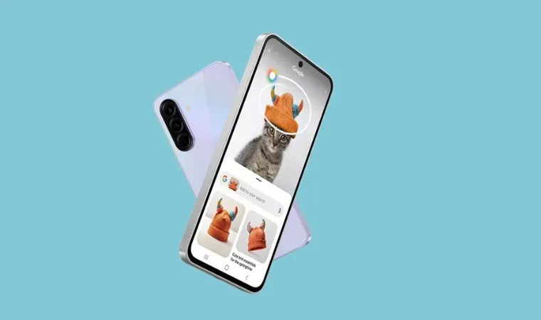 Dois celulares da Samsung estão flutuando sobre um fundo de tela azul