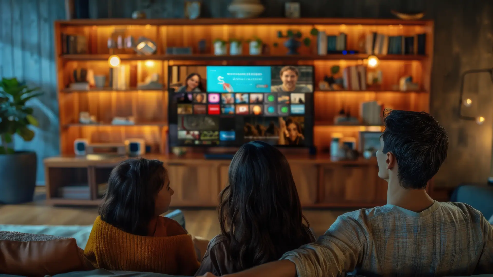 família sentada em sofá assiste programa em uma TV