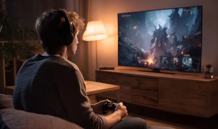Homem sentado no sofá com controle de videogame em frente a uma TV OLED 55''