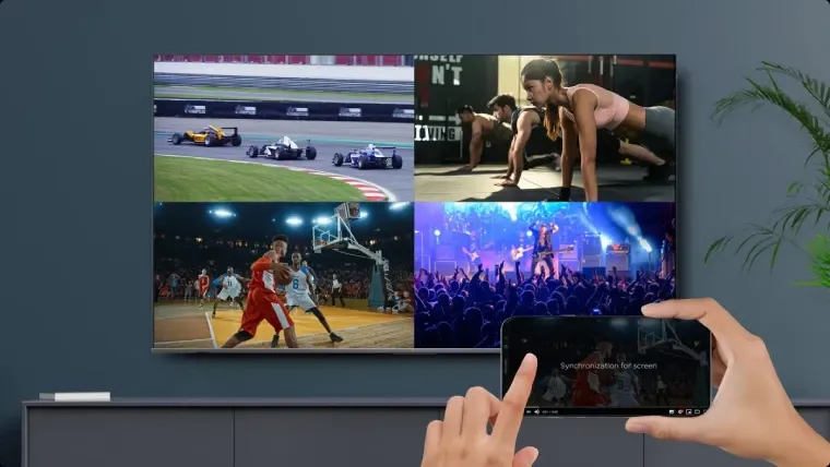  TV TCL C755 com quatro imagens sendo exibidas através da função Multitelas