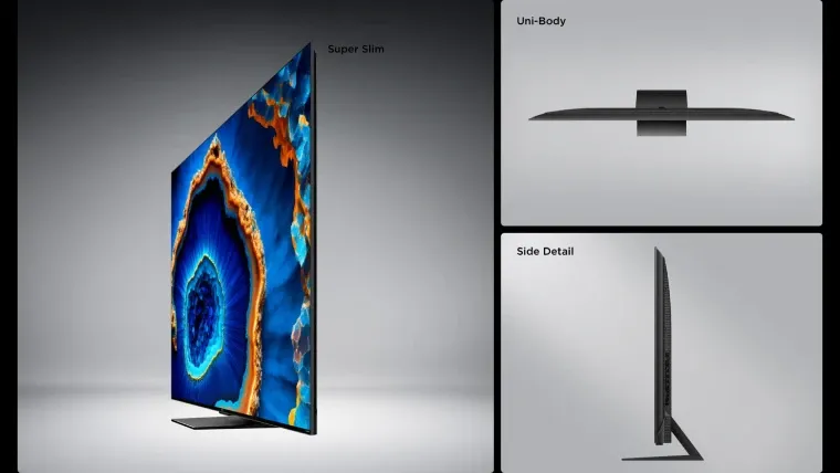 Diferentes ângulos que analisam o design slim da TV TCL C755