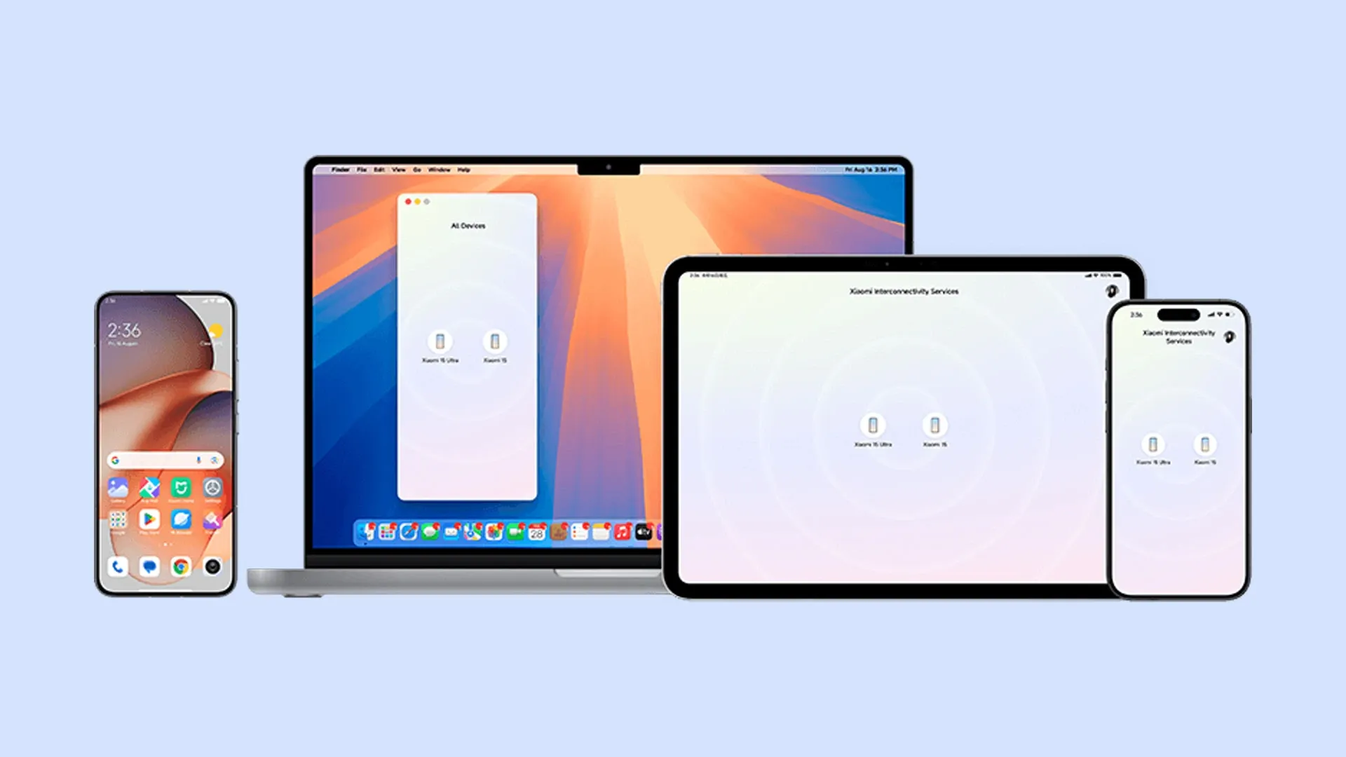 Imagem de dispositivos Xiaomi sincronizados com o sistema HyperOS, incluindo celular, tablet e notebook 