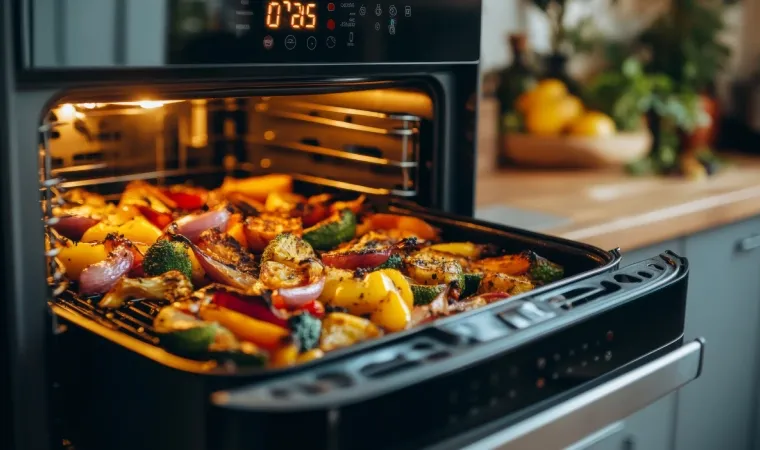 Air fryer oven aberta com legumes assados dentro do cesto.