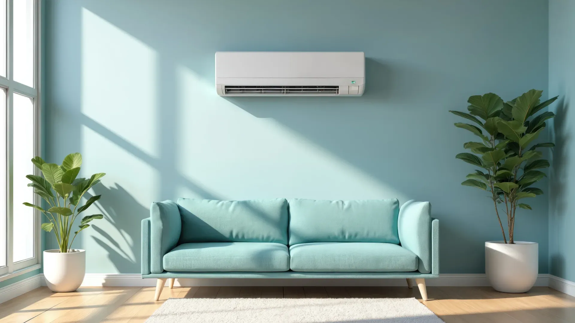 Sala de paredes azuis e chão de madeira, com sofá de dois lugares e plantas ao lado. Na parede, um ar-condicionado TCL FreshIN 3.0