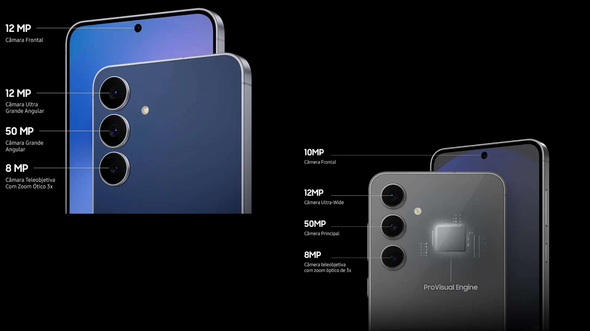 Traseira e tela do Galaxy S25 FE ao lado da traseira e tela do Galaxy S24 FE dando destaque para as câmeras