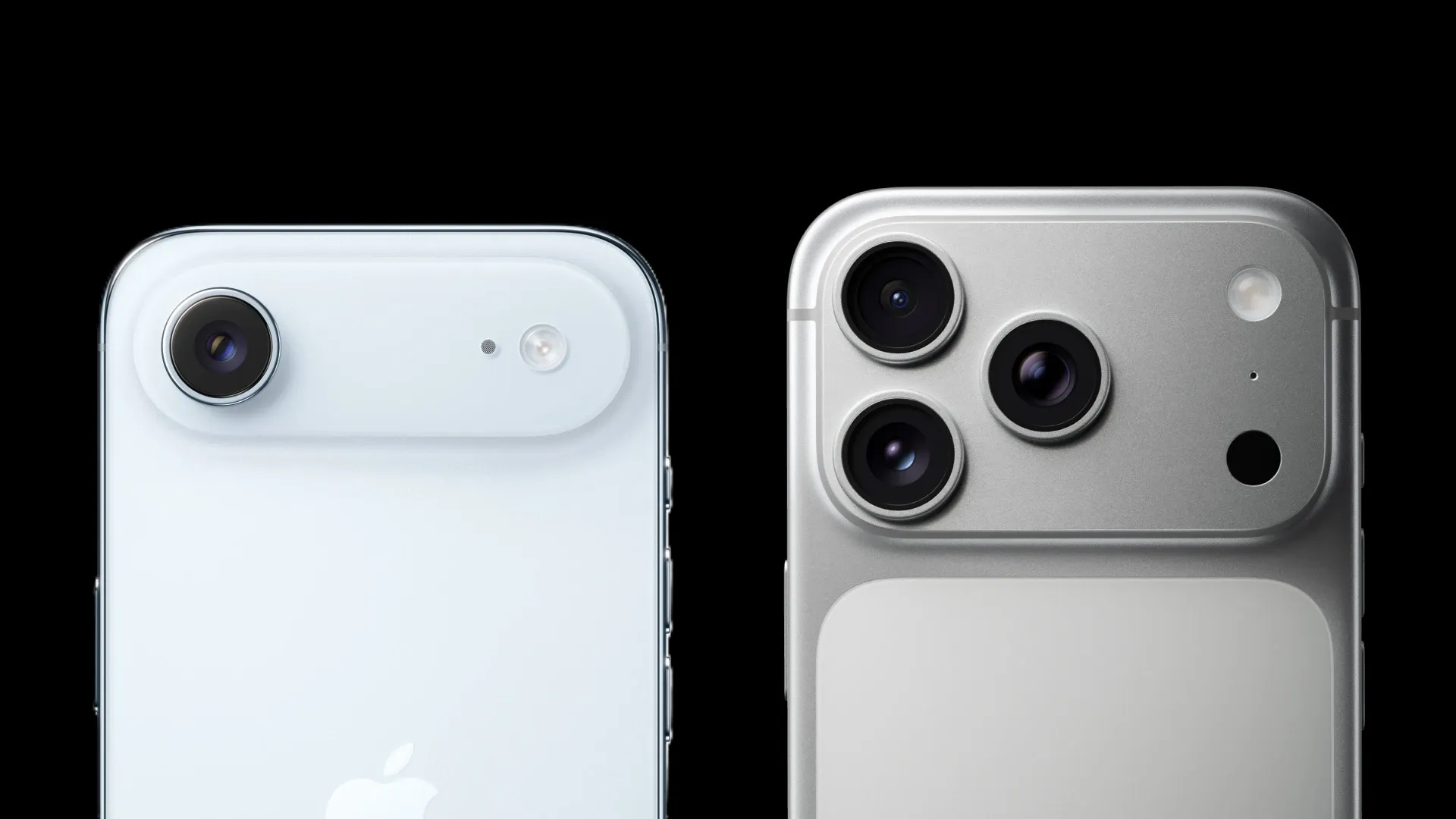 close comparativo das câmeras traseiras do iPhone Air ao lado do iPhone 17 Pro Max