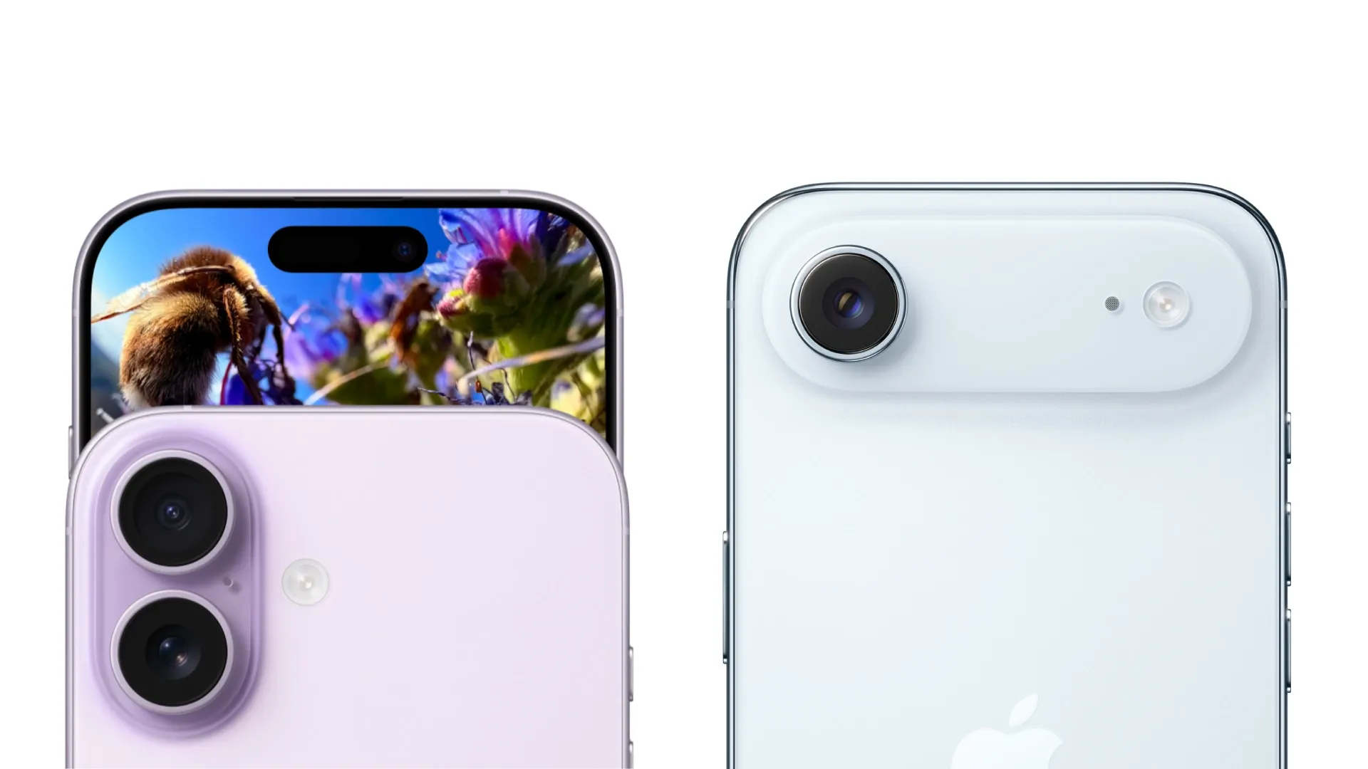 Close nas câmeras traseiras do iPhone 17 em cor lilás com duas lentes e do iPhone Air em branco com câmera única
