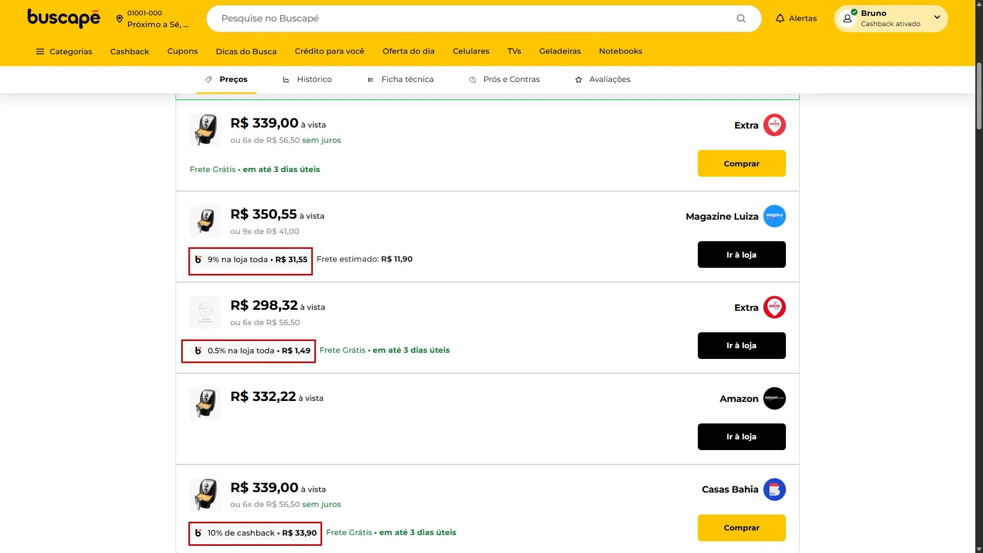 Recurso de Cashback do site Buscapé