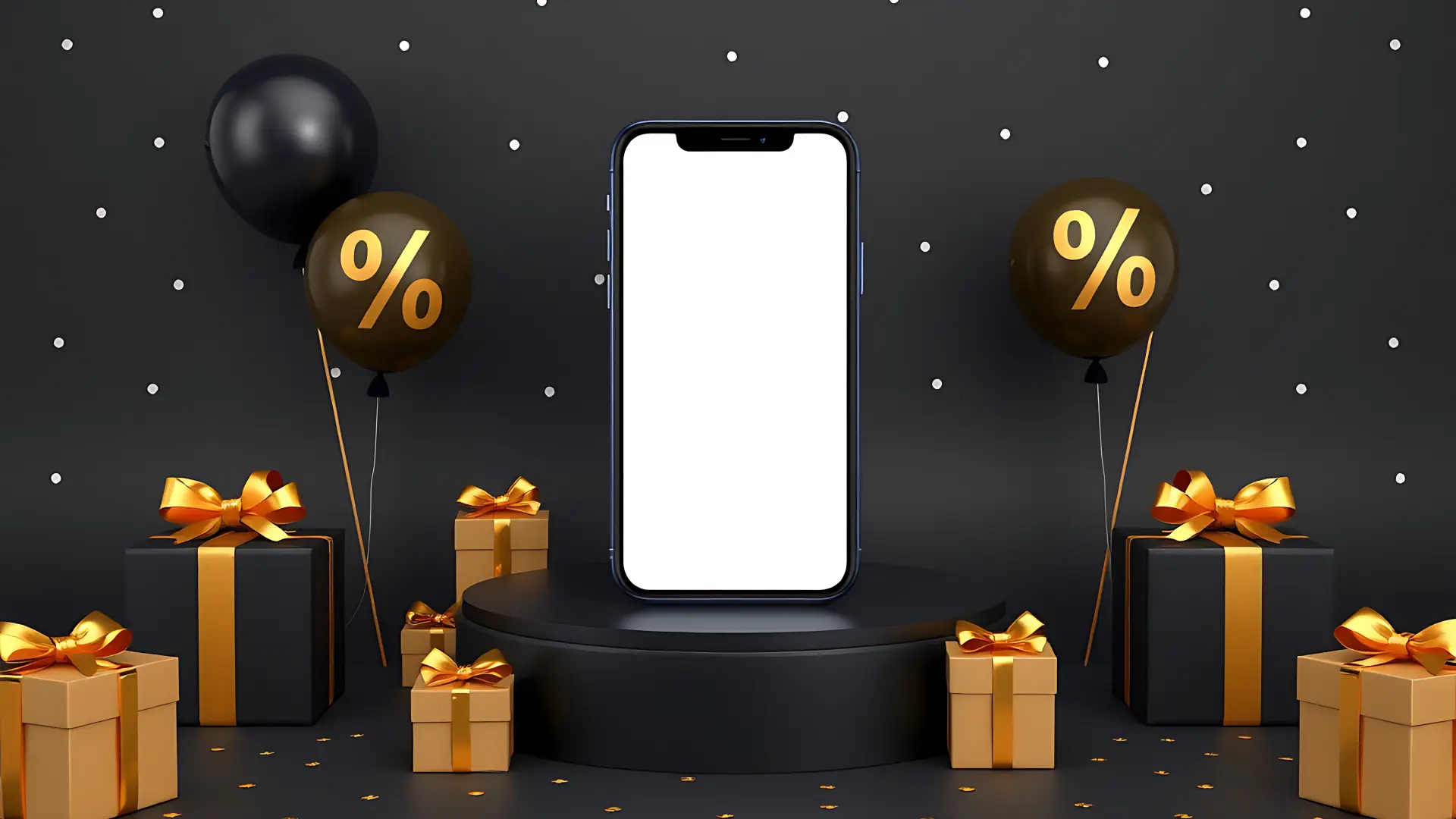 Celular ao centro com várias caixas de presentes douradas ao redor em fundo preto