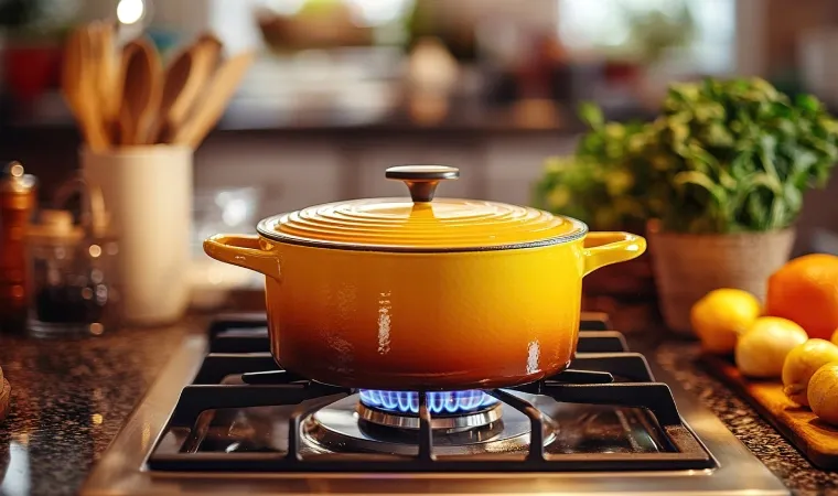 Cooktop inox aceso com panela laranja em cima.