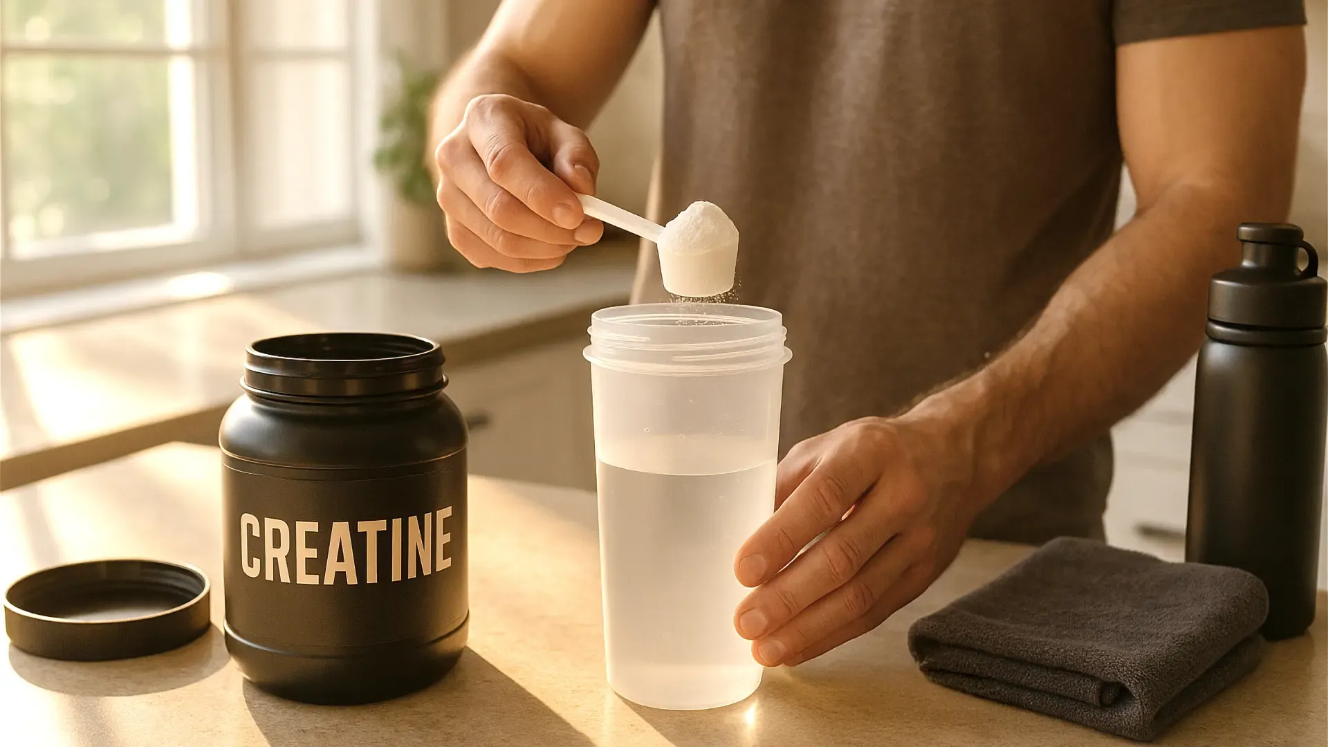 Um pote de creatina na mesa e uma pessoa misturando na água
