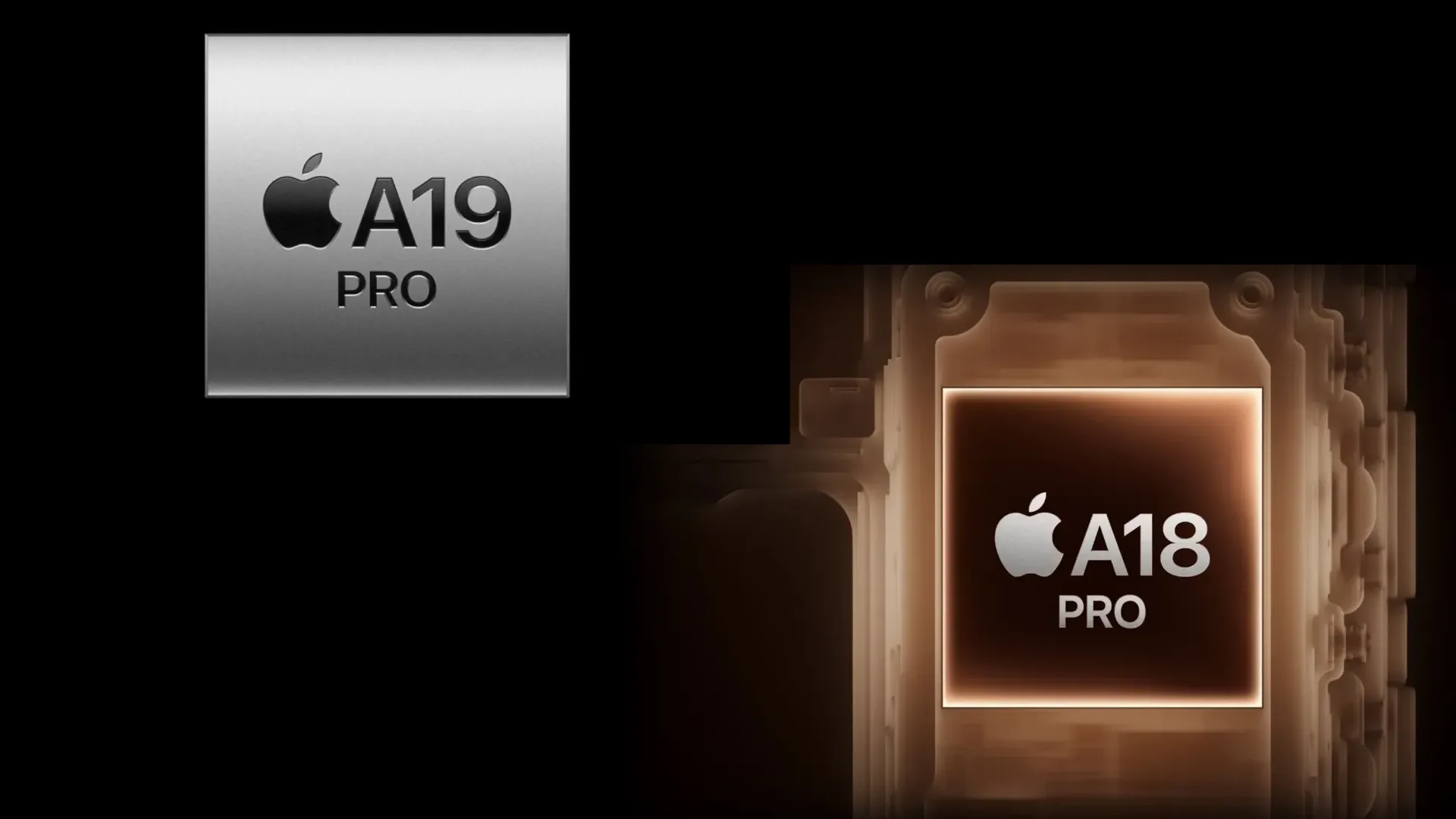 Imagens ilustrativas dos processadores Apple A19 Pro e A18 Pro presentes nos iPhones 