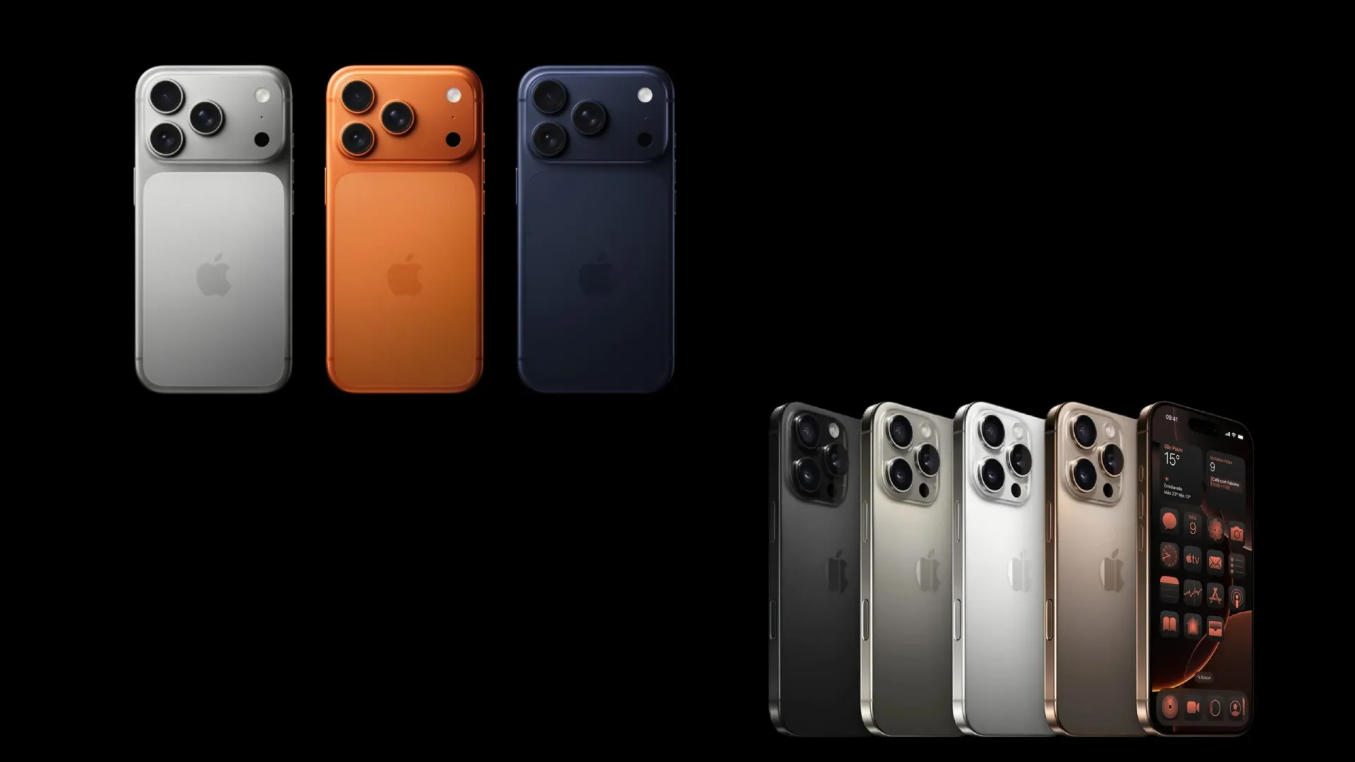 Comparação de design do iPhone 17 Pro Max vs iPhone 16 Pro Max exibindo opções de cores e acabamentos