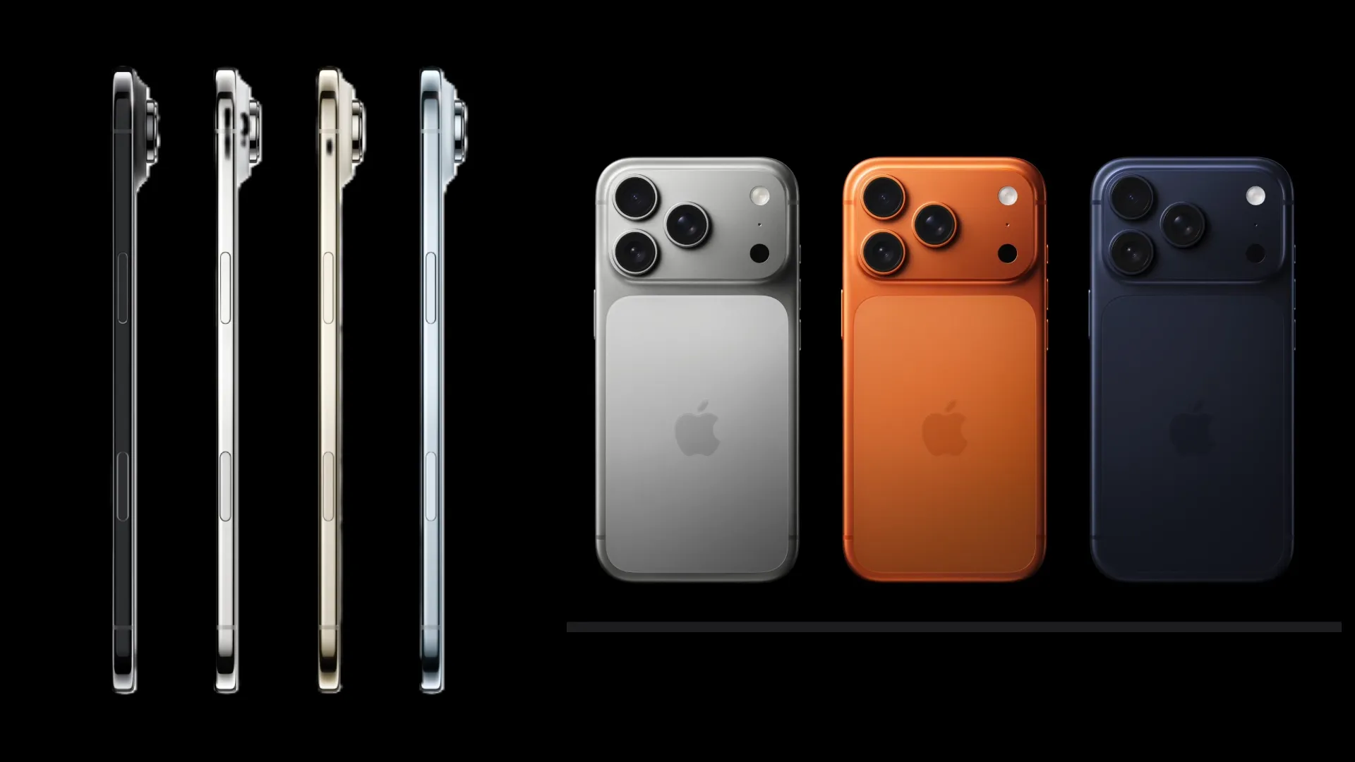 Comparação do design entre o iPhone Air em várias cores e o iPhone 17 Pro Max em diferentes ângulos
