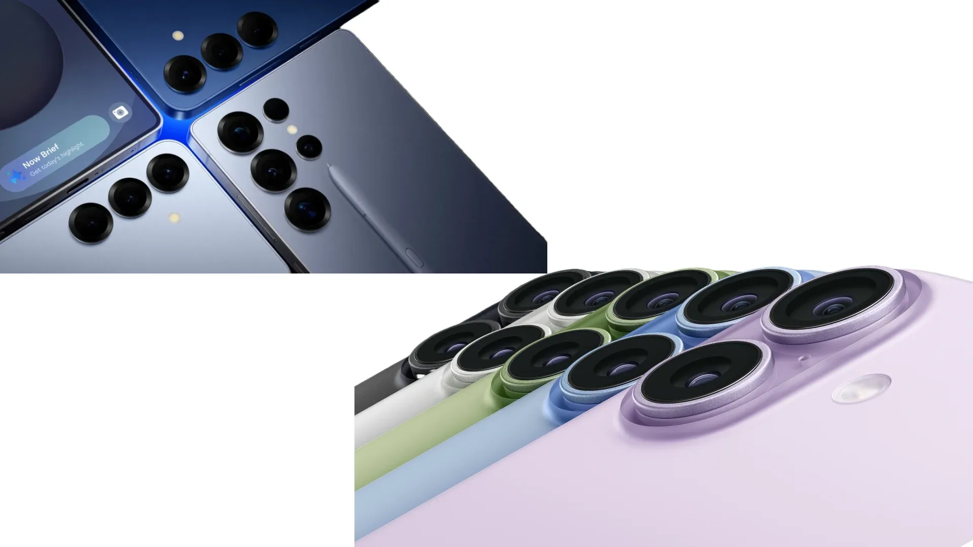 Todas as cores disponíveis do iPhone 17 na parte esquerda alta e todas as cores do Galaxy S25 na parte direita baixa