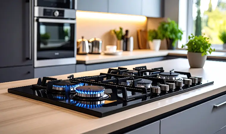 Cooktop fogão 5 bocas em uma mesa de cozinha.