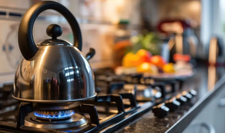 Chaleira em cima de um fogão Electrolux aceso.