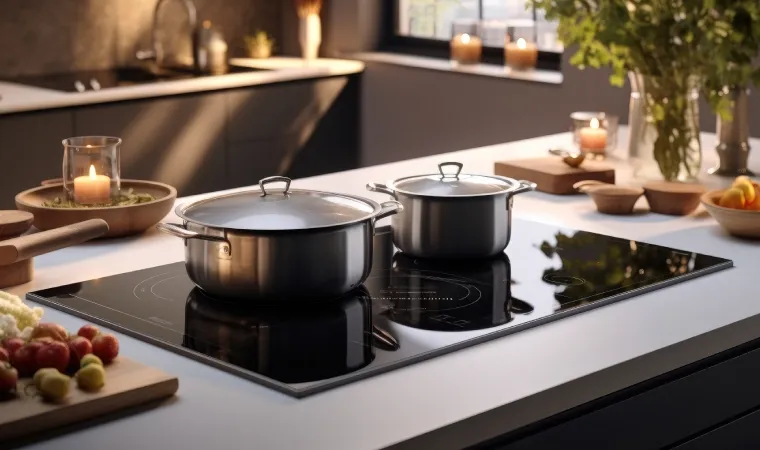  Fogão cooktop por indução com panelas de inox em cozinha moderna decorada com velas e frutas.