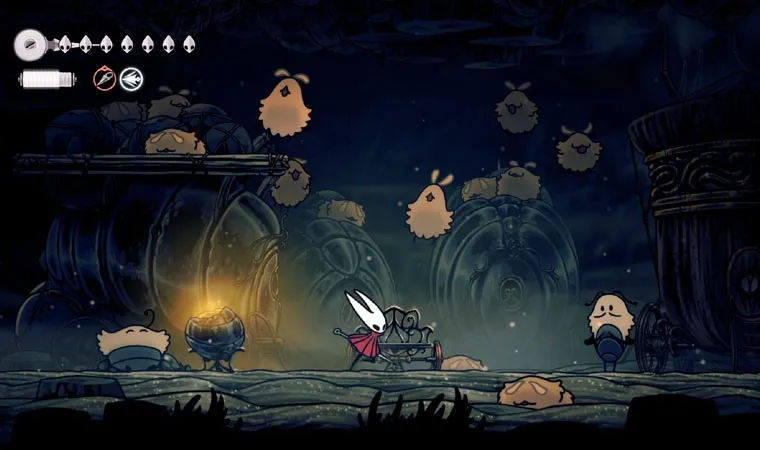 Imagem de Hollow Knight: Silksong mostrando a personagem Hornet andando em meio as pulgas 