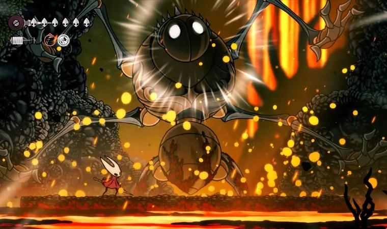 Imagem de Hollow Knight: Silksong mostrando a personagem Hornet enfrentando o grande chefe Fourth Chorus