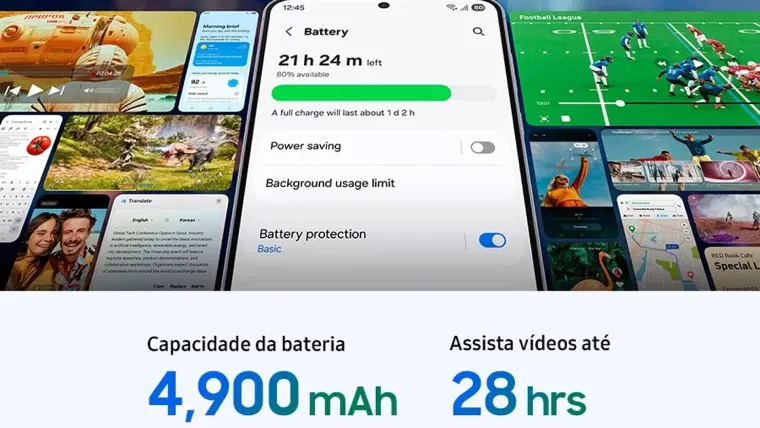 Imagem do Galaxy S25 FE mostrando a tela com informações de bateria e autonomia de até 28 horas de vídeo